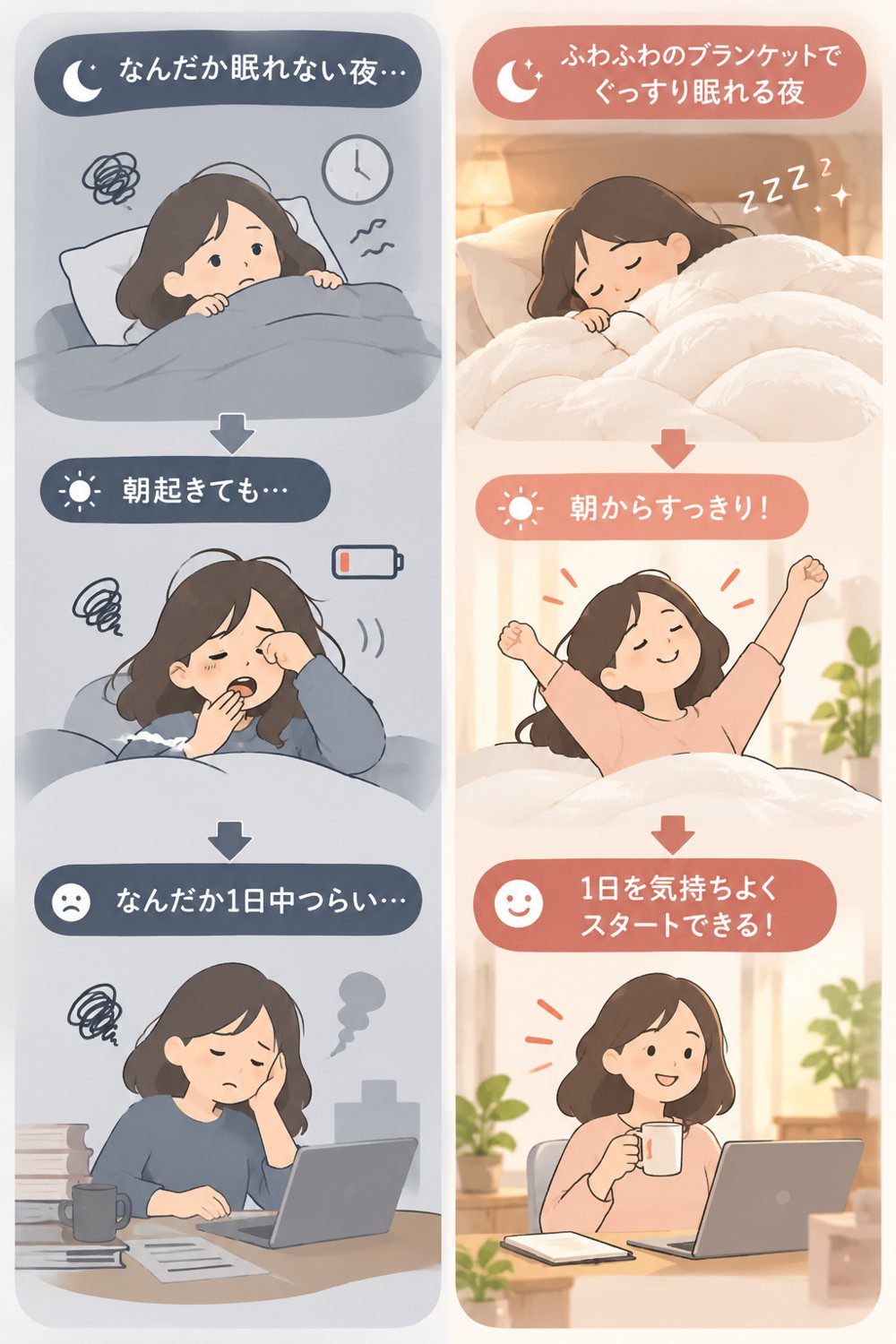 眠れない夜と、ぐっすり眠れる夜の比較イラスト